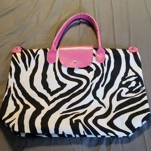 Zebra Travel Tote Bag w/ Pink Faux Leather Trim